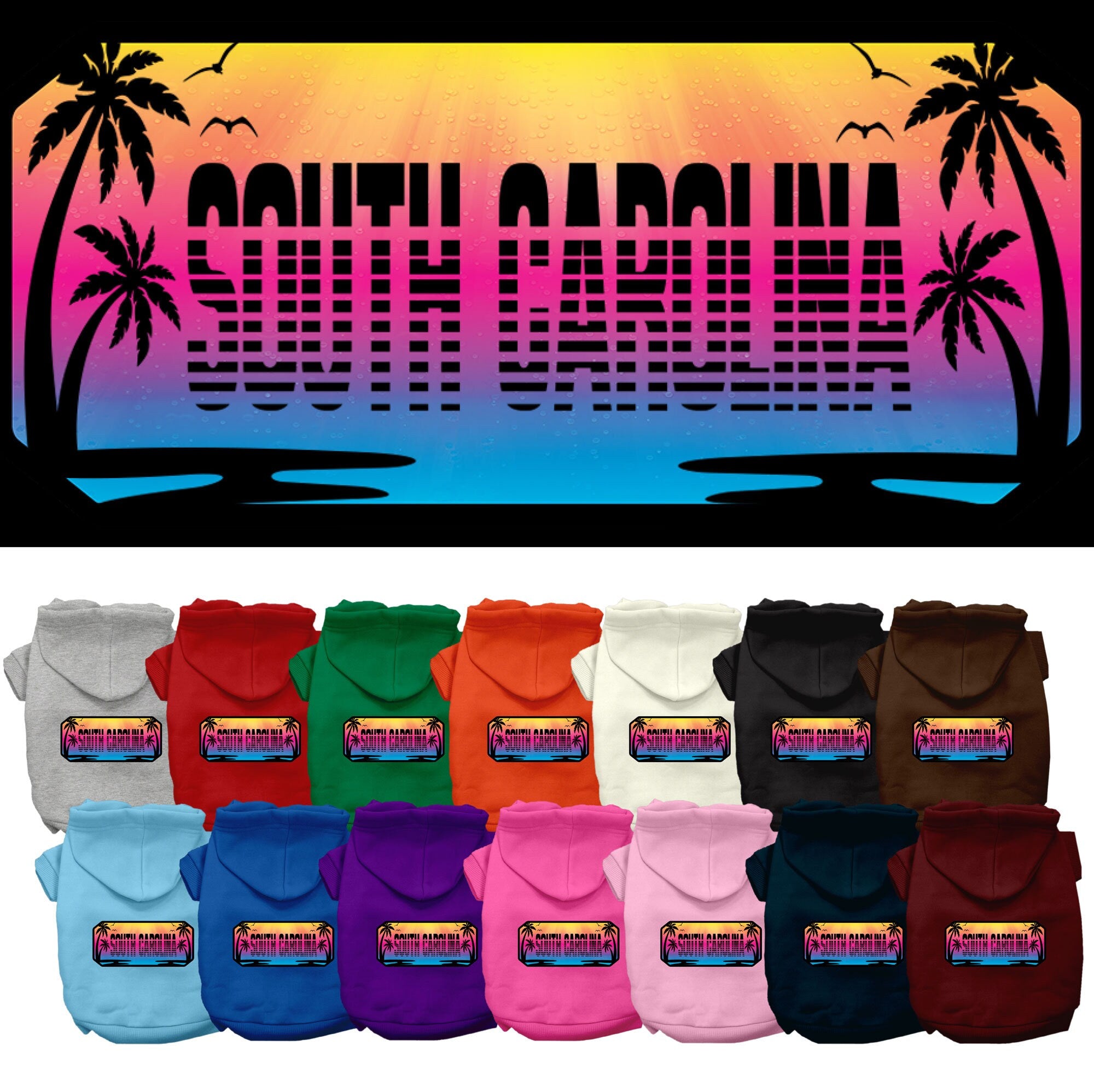 A small to medium pet wearing a stylish screen printed hoodie with a South Carolina Beach Shades design, showcasing vibrant colors and a comfortable fit.