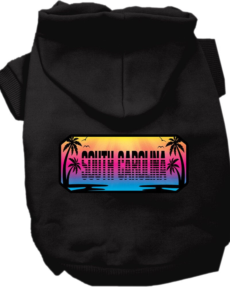 A small to medium pet wearing a stylish screen printed hoodie with a South Carolina Beach Shades design, showcasing vibrant colors and a comfortable fit.