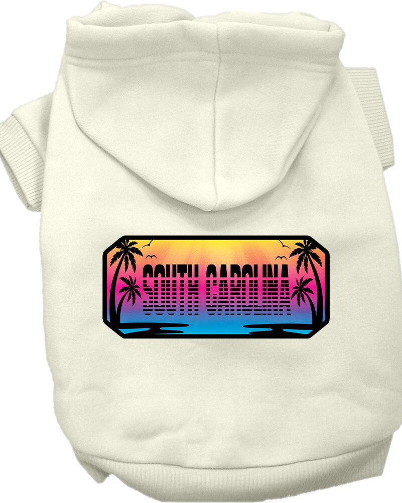 A small to medium pet wearing a stylish screen printed hoodie with a South Carolina Beach Shades design, showcasing vibrant colors and a comfortable fit.