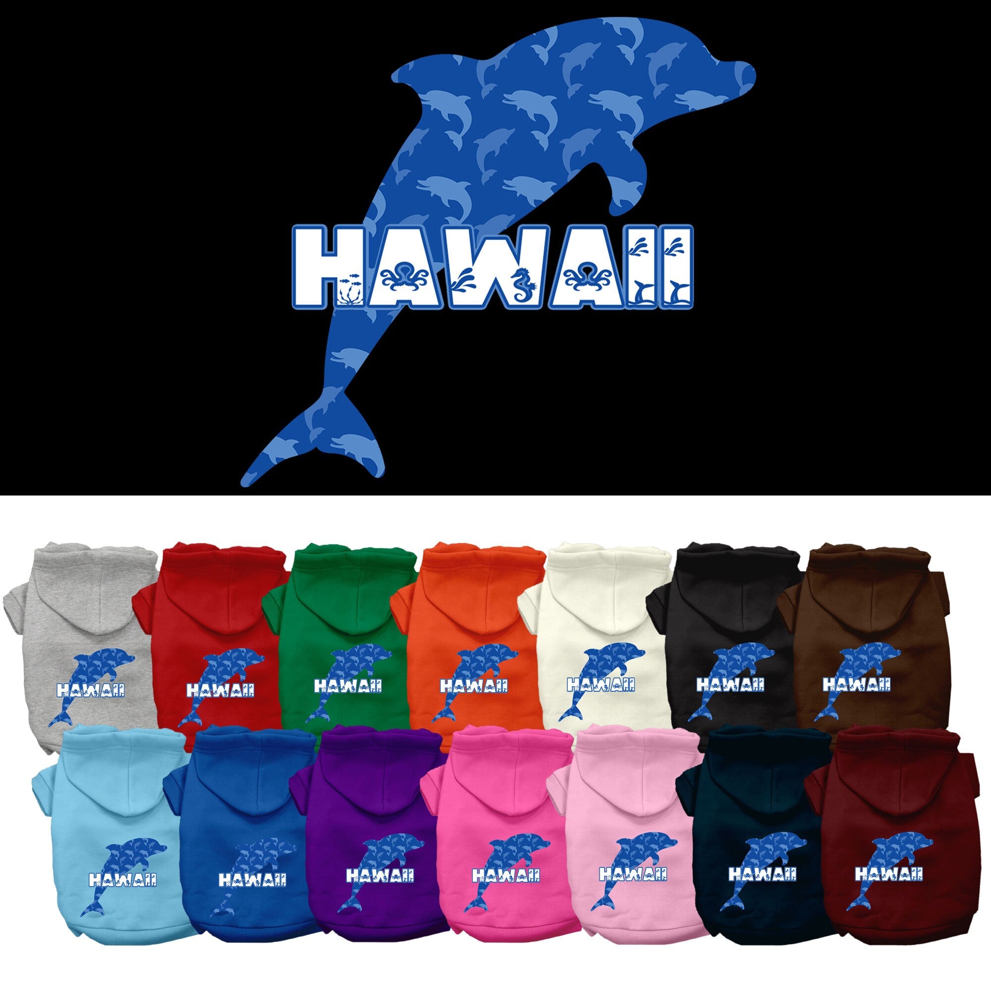 A small to medium pet wearing a Hawaii Blue Dolphins screen printed hoodie, showcasing its vibrant design and comfortable fit.