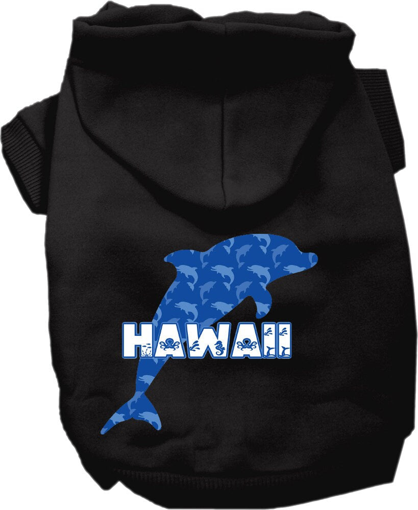 A small to medium pet wearing a Hawaii Blue Dolphins screen printed hoodie, showcasing its vibrant design and comfortable fit.
