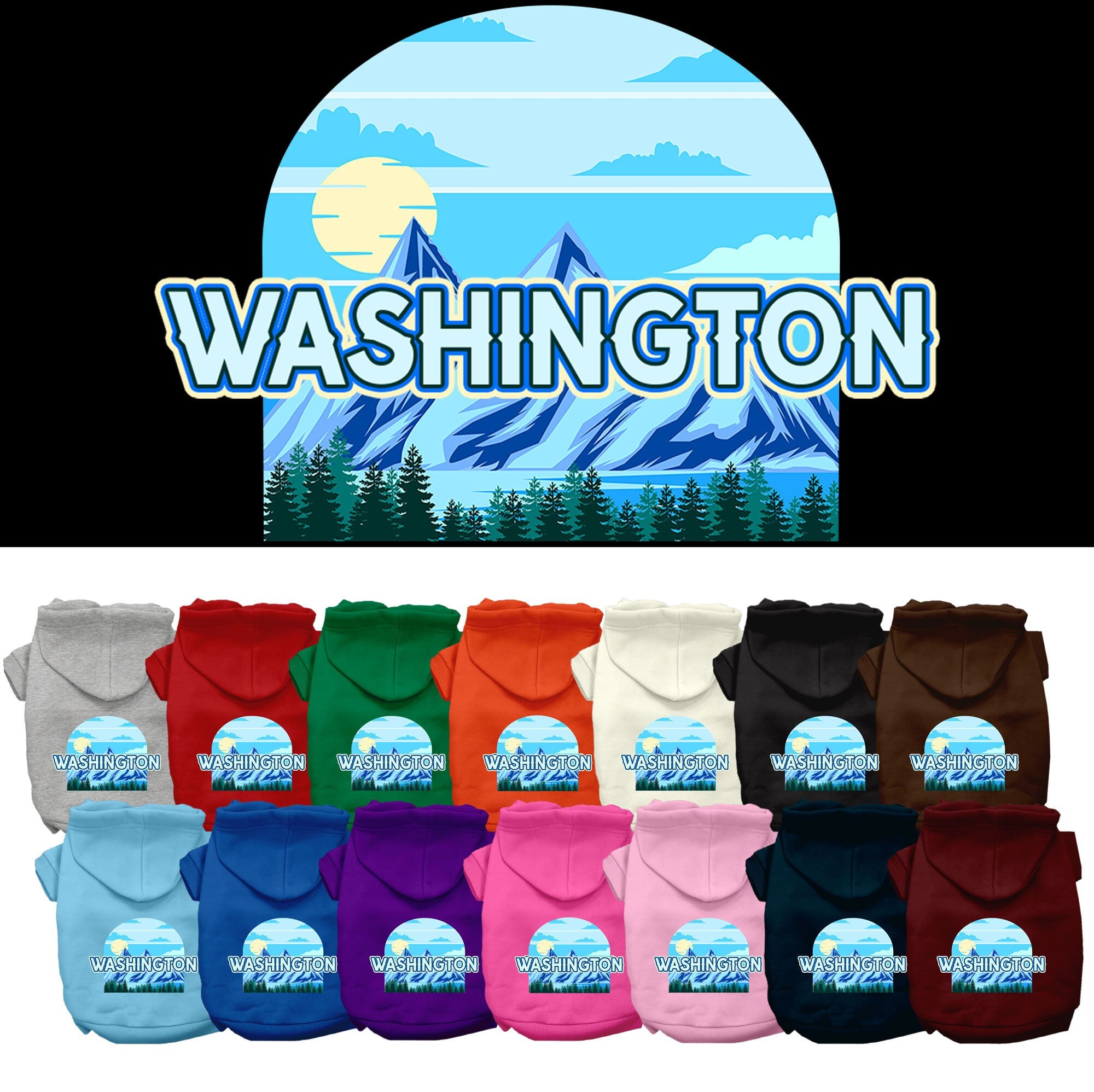 A small to medium pet wearing a stylish Washington Trailblazer hoodie, showcasing its soft fabric and convenient leash access hole.