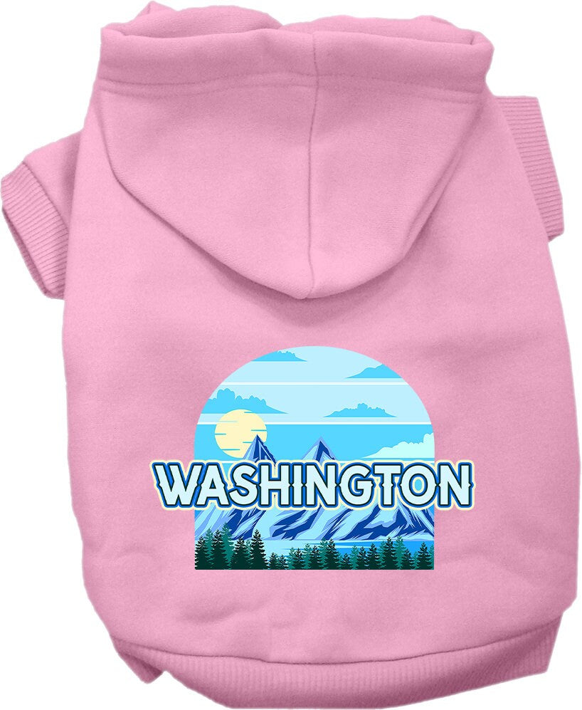 A small to medium pet wearing a stylish Washington Trailblazer hoodie, showcasing its soft fabric and convenient leash access hole.
