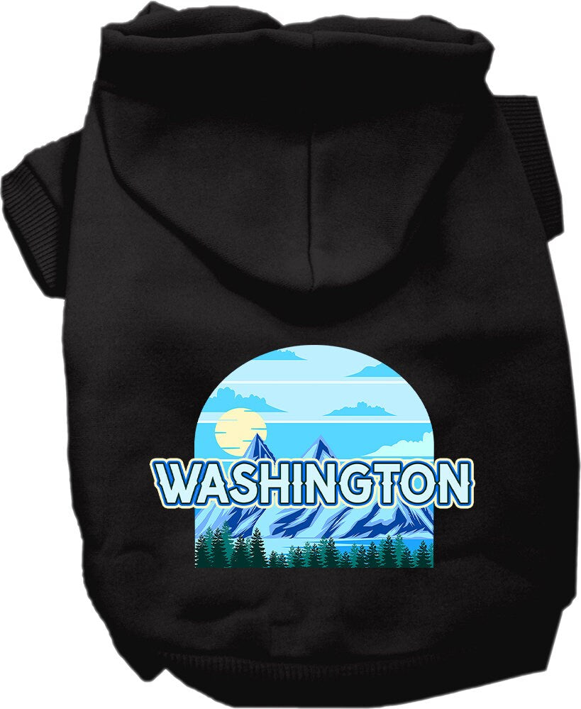 A small to medium pet wearing a stylish Washington Trailblazer hoodie, showcasing its soft fabric and convenient leash access hole.