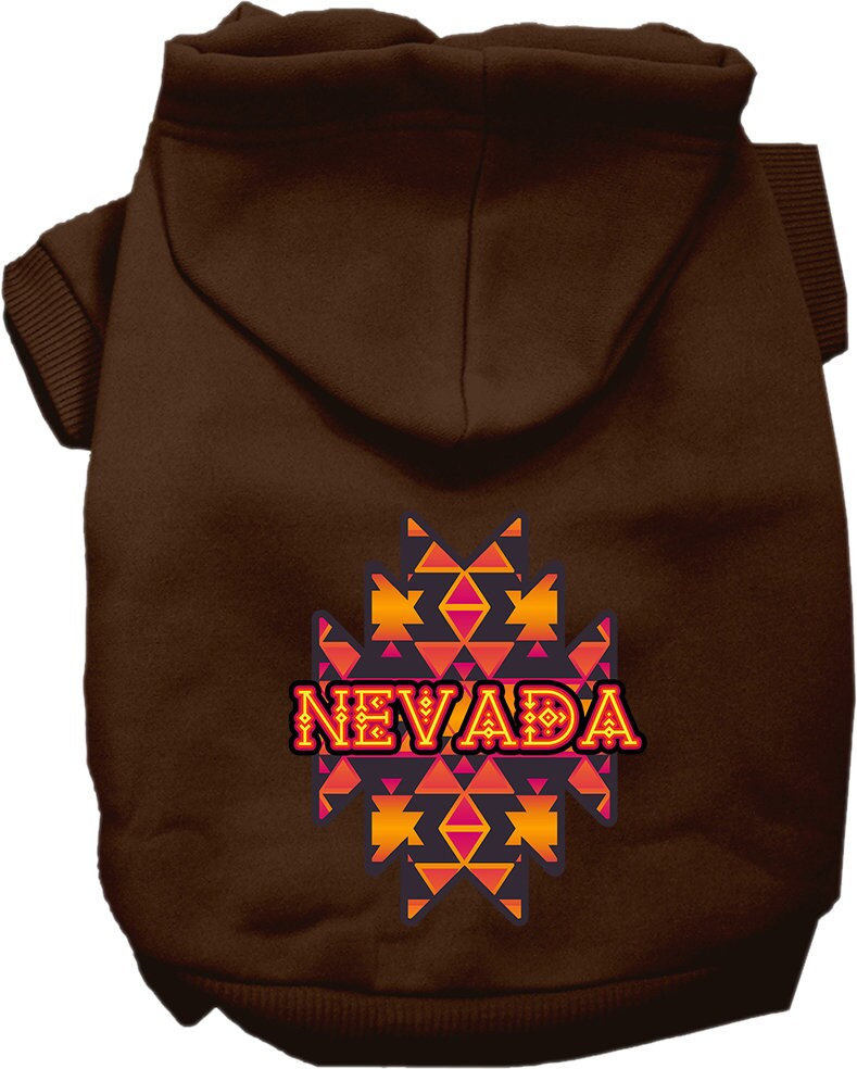 A small to medium pet wearing a soft, warm hoodie with a Nevada Navajo Tribal print, showcasing its stylish design and convenient leash access.