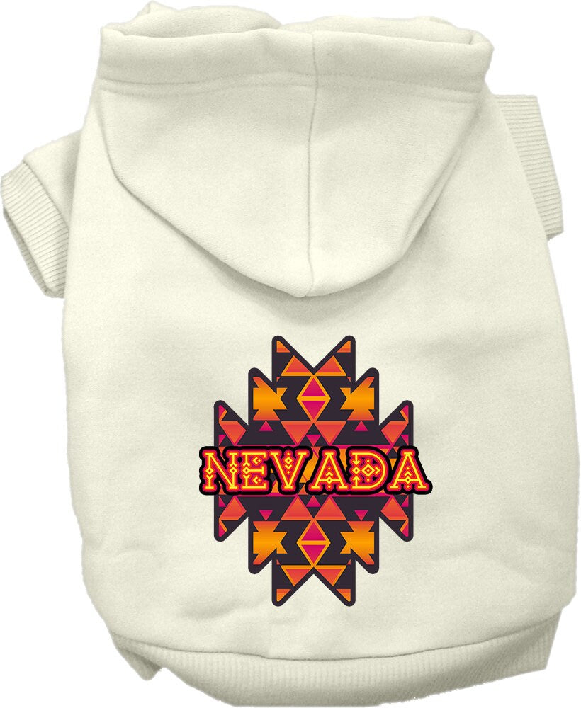 A small to medium pet wearing a soft, warm hoodie with a Nevada Navajo Tribal print, showcasing its stylish design and convenient leash access.