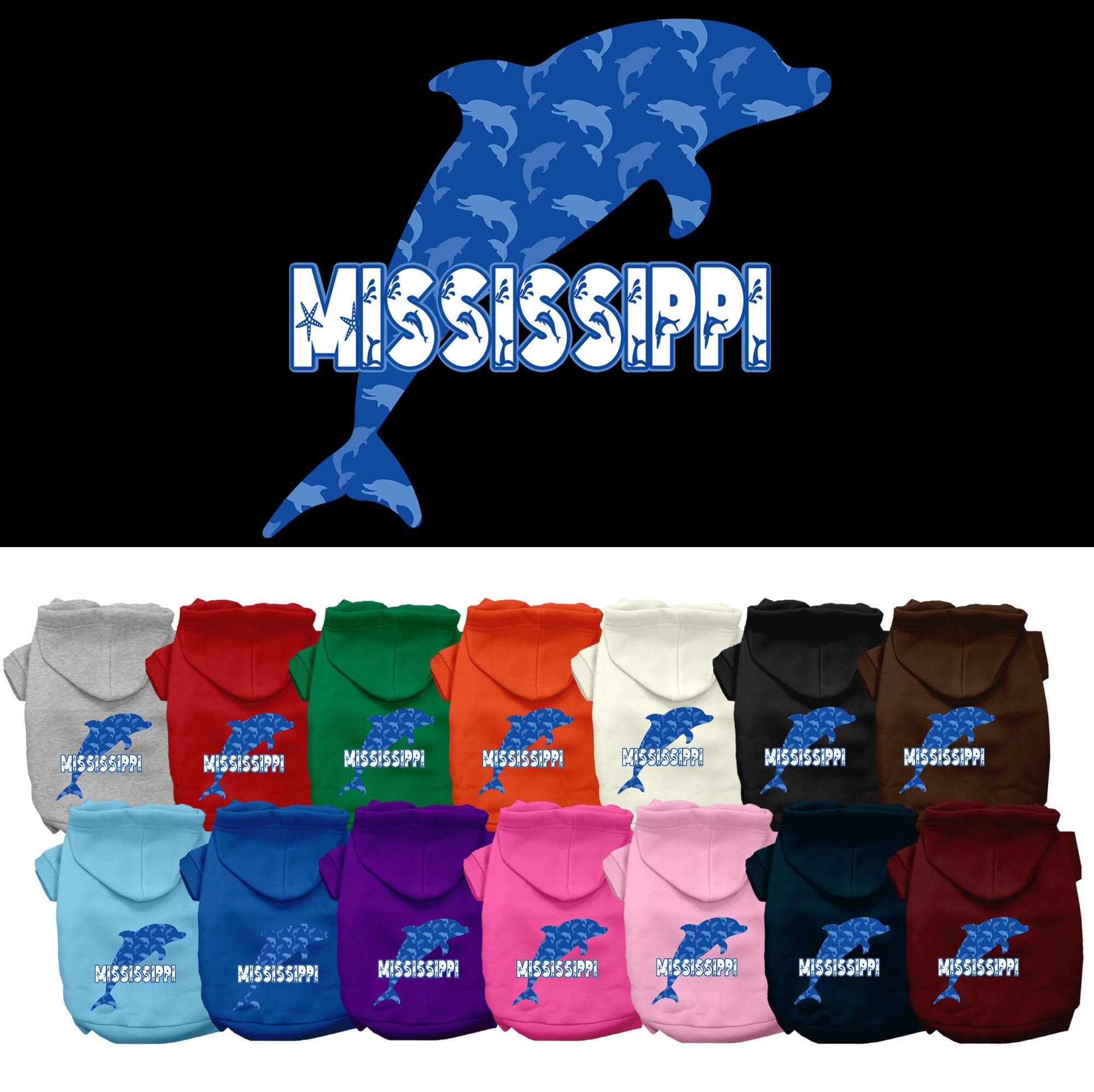 A cozy screen printed hoodie for small to medium pets featuring a Mississippi Blue Dolphins design, perfect for dogs and cats.