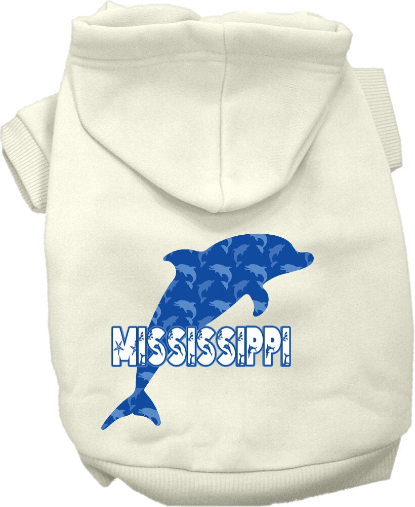 A cozy screen printed hoodie for small to medium pets featuring a Mississippi Blue Dolphins design, perfect for dogs and cats.