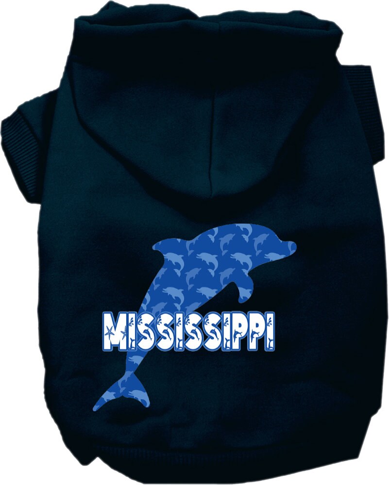 A cozy screen printed hoodie for small to medium pets featuring a Mississippi Blue Dolphins design, perfect for dogs and cats.