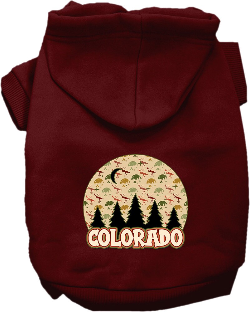 A cozy screen printed hoodie for small to medium pets, featuring a unique 'Colorado Under The Stars' design, perfect for chilly walks.