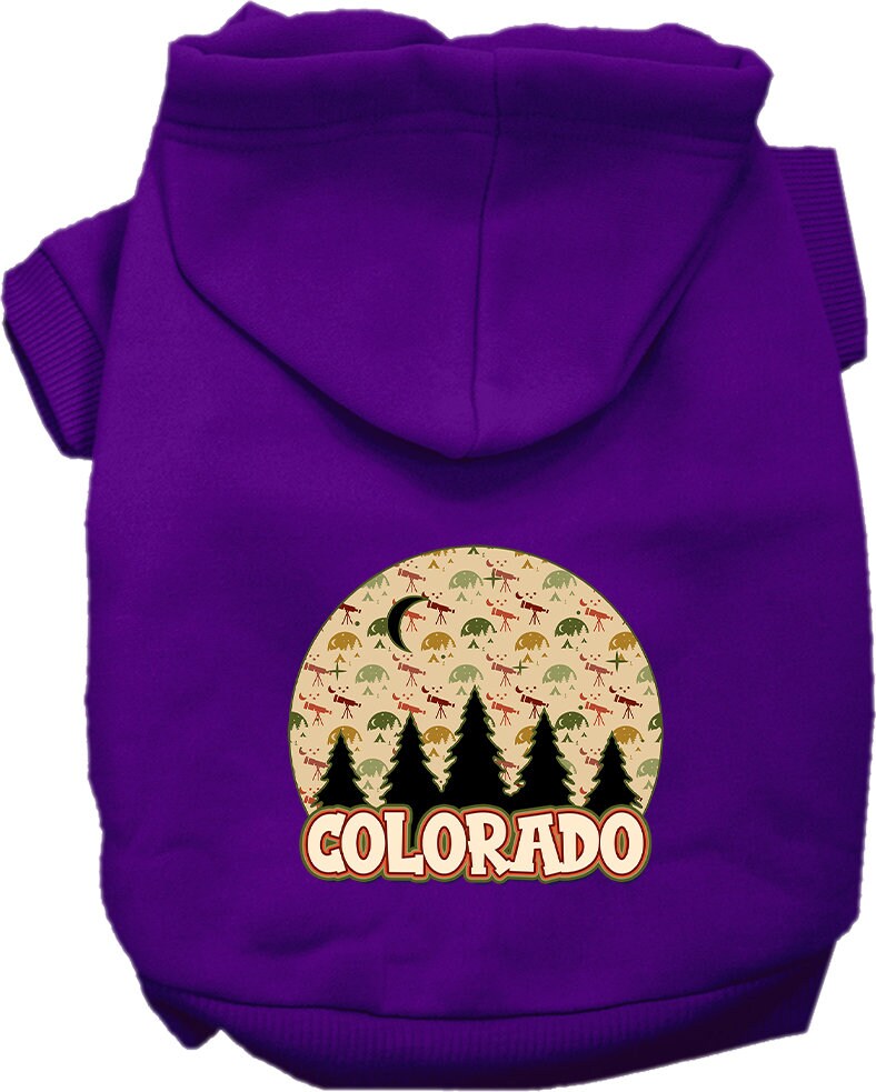 A cozy screen printed hoodie for small to medium pets, featuring a unique 'Colorado Under The Stars' design, perfect for chilly walks.