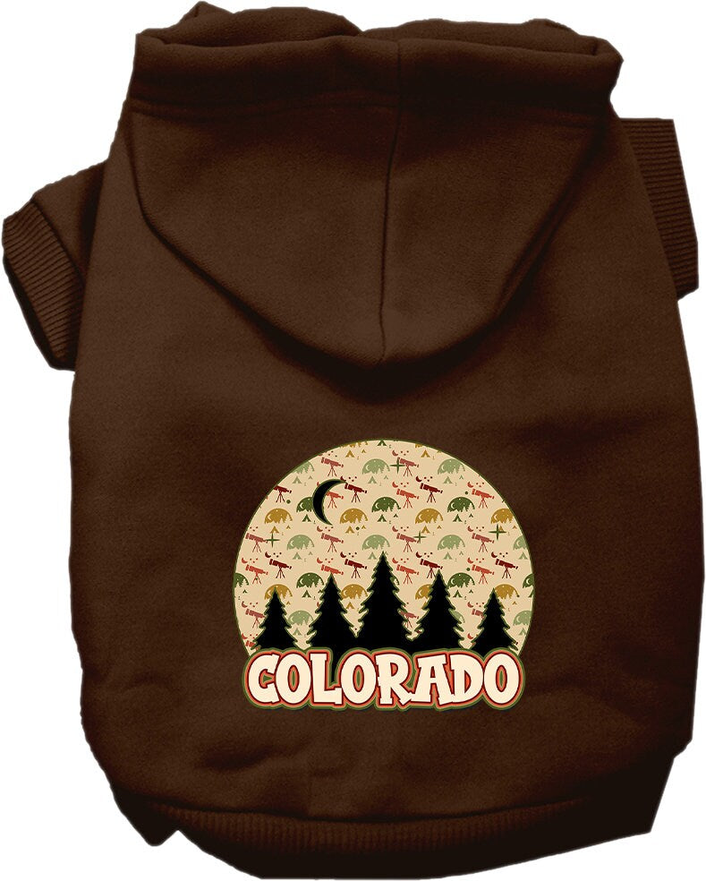 A cozy screen printed hoodie for small to medium pets, featuring a unique 'Colorado Under The Stars' design, perfect for chilly walks.