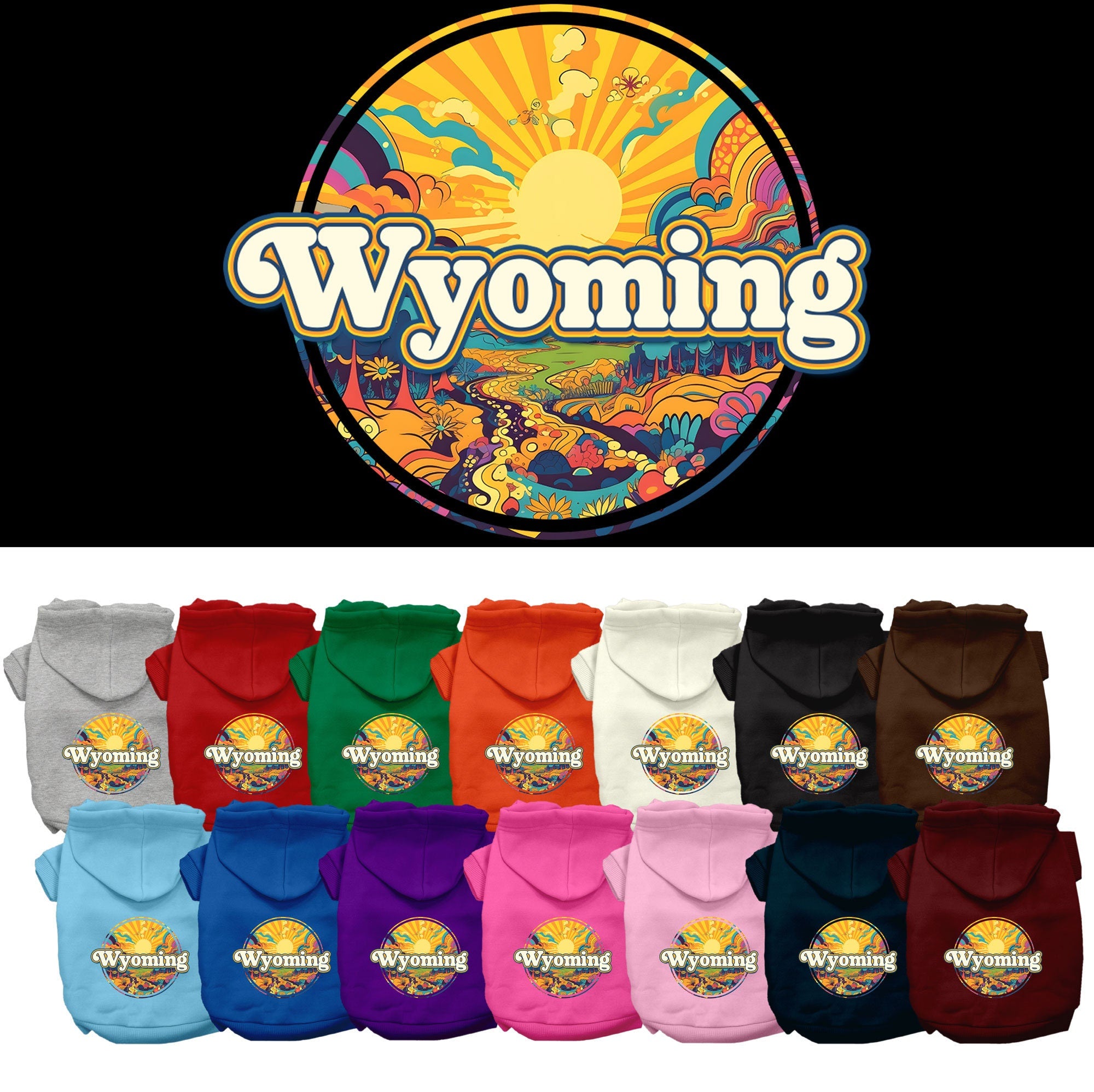A cozy screen printed hoodie for small to medium pets featuring a colorful Wyoming Trippy Peaks design, perfect for dogs and cats.