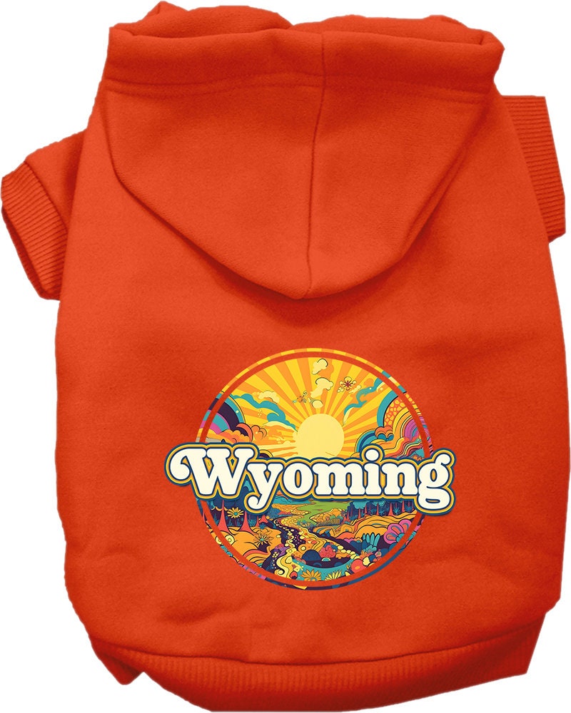 A cozy screen printed hoodie for small to medium pets featuring a colorful Wyoming Trippy Peaks design, perfect for dogs and cats.