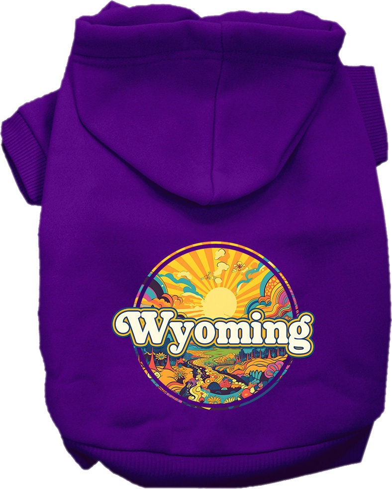 A cozy screen printed hoodie for small to medium pets featuring a colorful Wyoming Trippy Peaks design, perfect for dogs and cats.