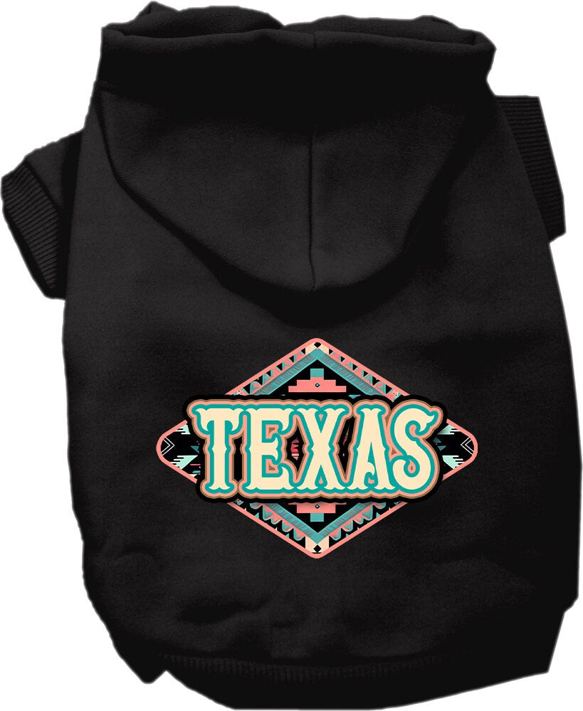A small to medium pet wearing a stylish Texas Peach Aztec screen printed hoodie, showcasing its soft fabric and convenient leash access hole.