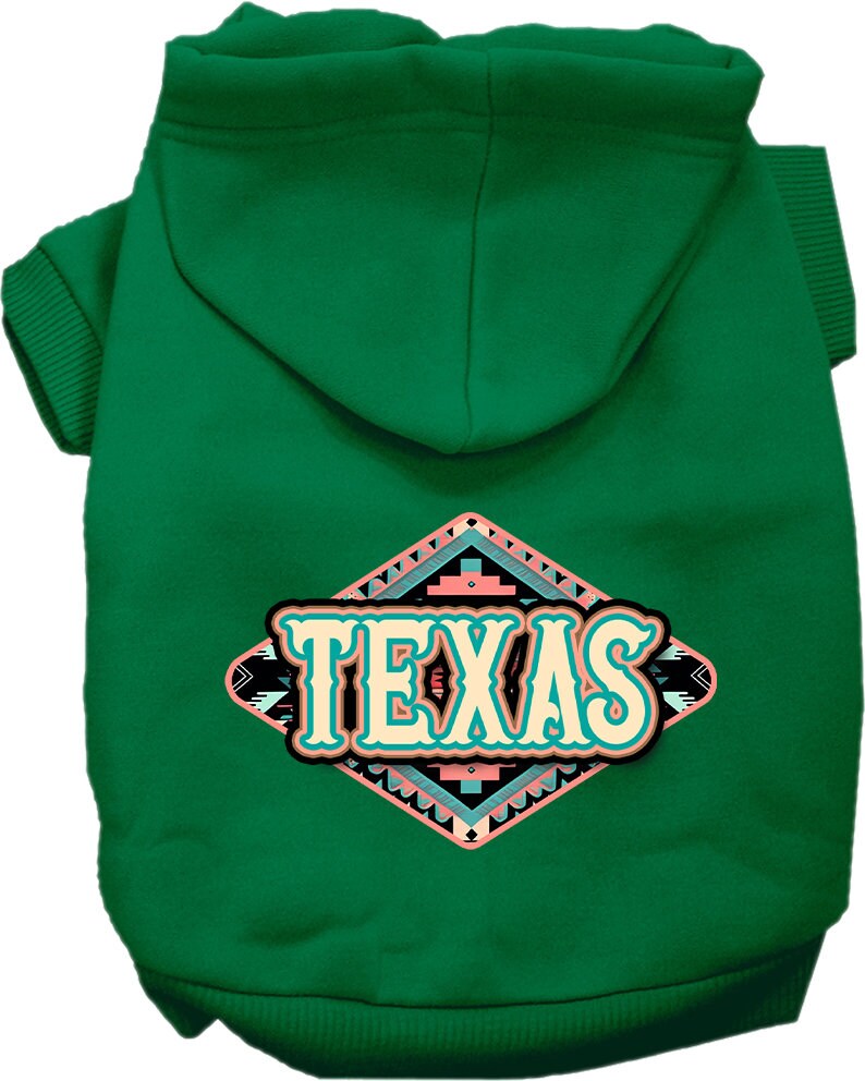 A small to medium pet wearing a stylish Texas Peach Aztec screen printed hoodie, showcasing its soft fabric and convenient leash access hole.