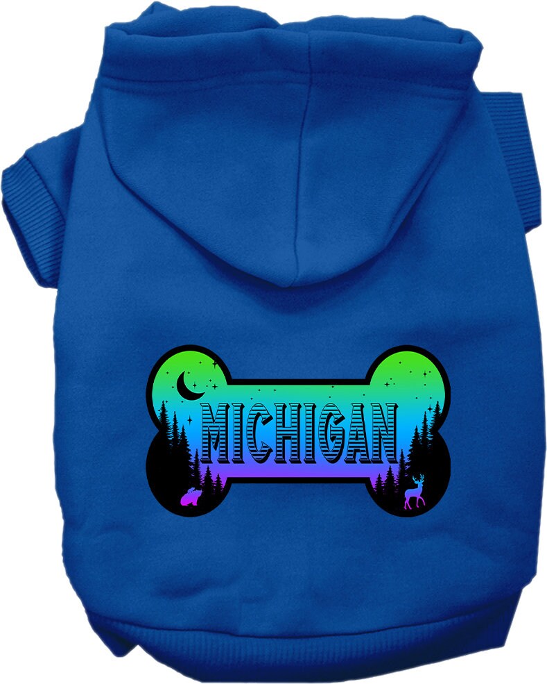 A cozy screen printed hoodie for small to medium pets, featuring a Michigan Mountain Shades design, perfect for dogs and cats.