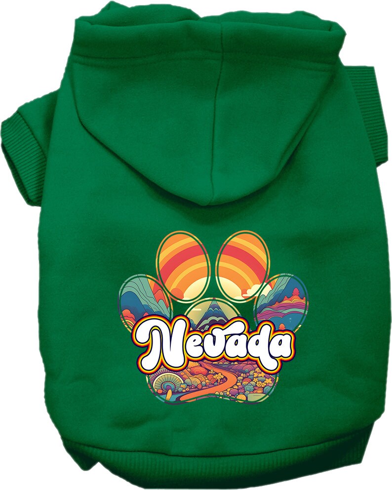 A cozy screen printed hoodie for small to medium pets, featuring a stylish 'Nevada Groovy Summit' design, perfect for dogs and cats.