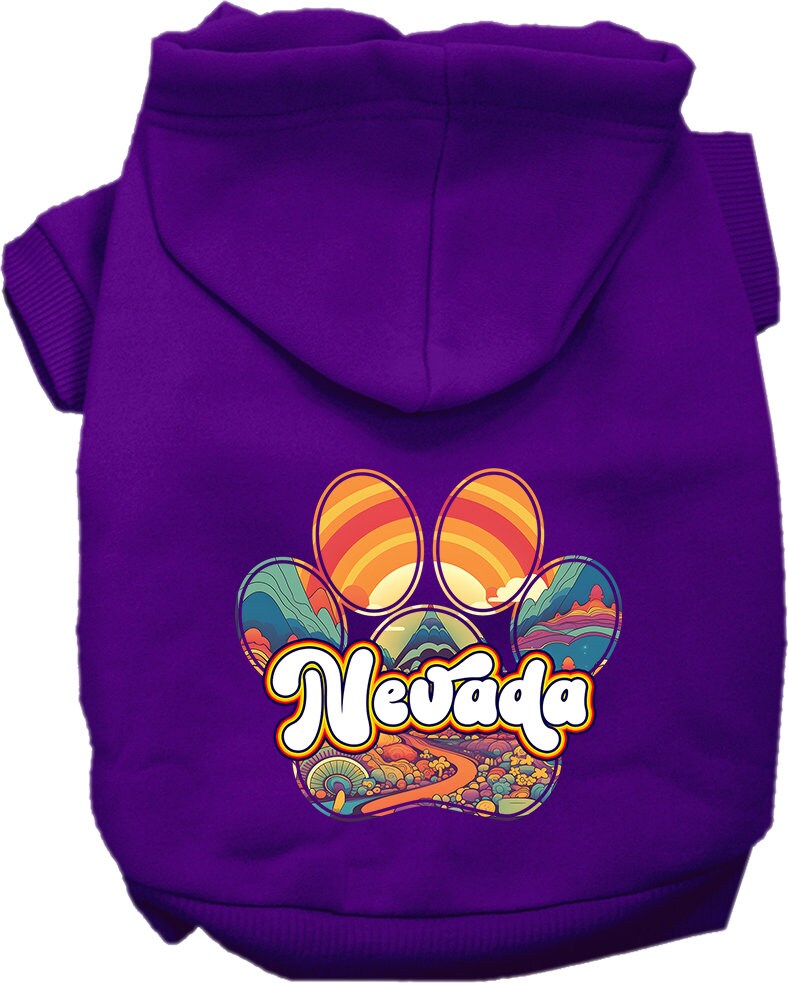 A cozy screen printed hoodie for small to medium pets, featuring a stylish 'Nevada Groovy Summit' design, perfect for dogs and cats.