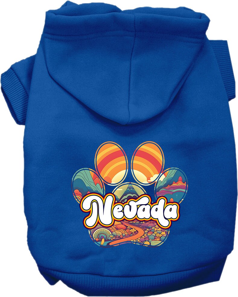 A cozy screen printed hoodie for small to medium pets, featuring a stylish 'Nevada Groovy Summit' design, perfect for dogs and cats.