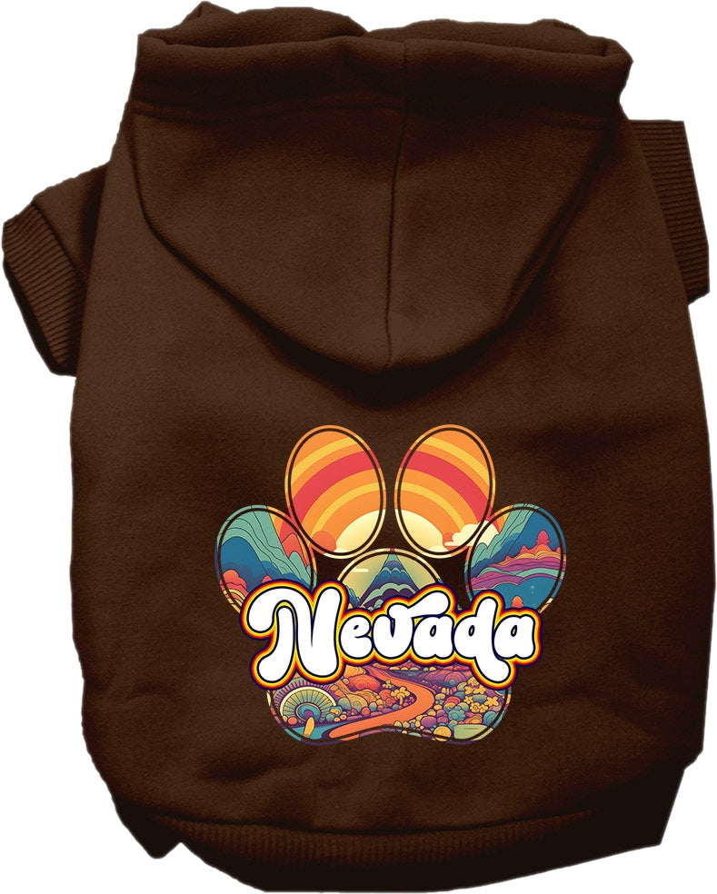 A cozy screen printed hoodie for small to medium pets, featuring a stylish 'Nevada Groovy Summit' design, perfect for dogs and cats.