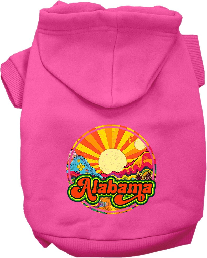 A cozy screen printed hoodie for small to medium pets, featuring the Alabama Mellow Mountain design, perfect for chilly weather.