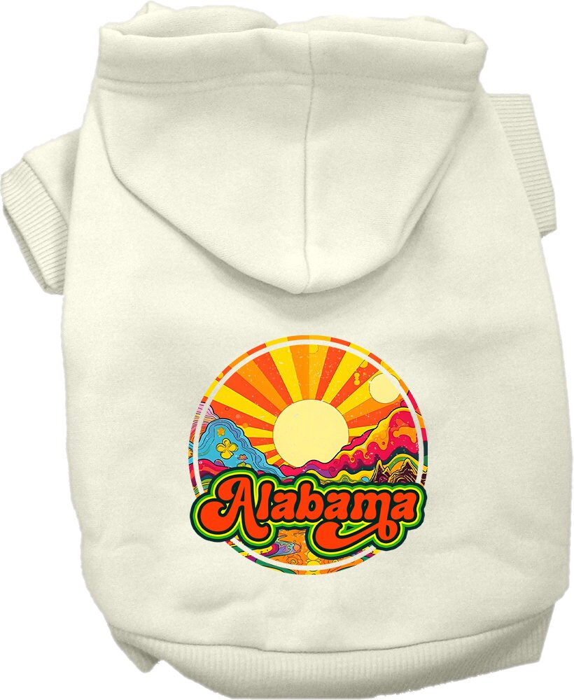 A cozy screen printed hoodie for small to medium pets, featuring the Alabama Mellow Mountain design, perfect for chilly weather.