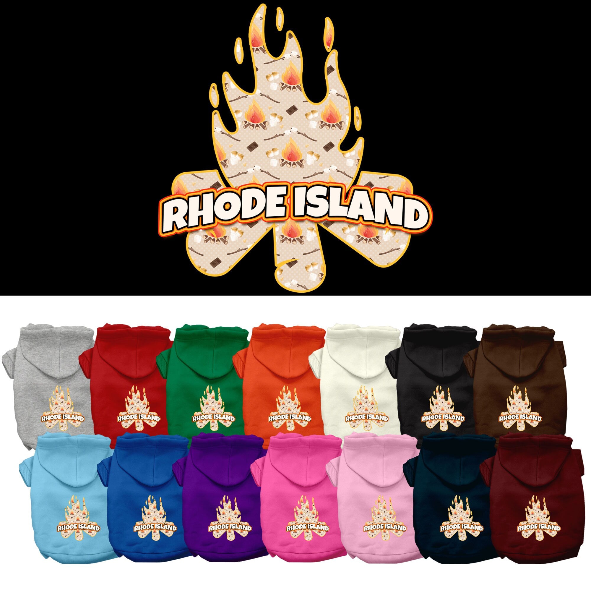 A cozy screen printed hoodie for small to medium pets, featuring a unique 'Rhode Island Around The Campfire' design, perfect for chilly weather.