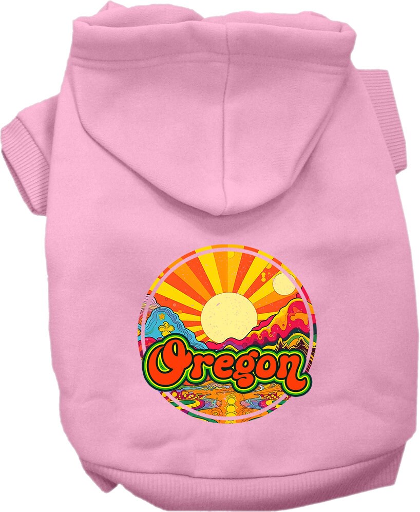 A cozy screen printed hoodie for small to medium pets, featuring the Oregon Mellow Mountain design, perfect for dogs and cats.