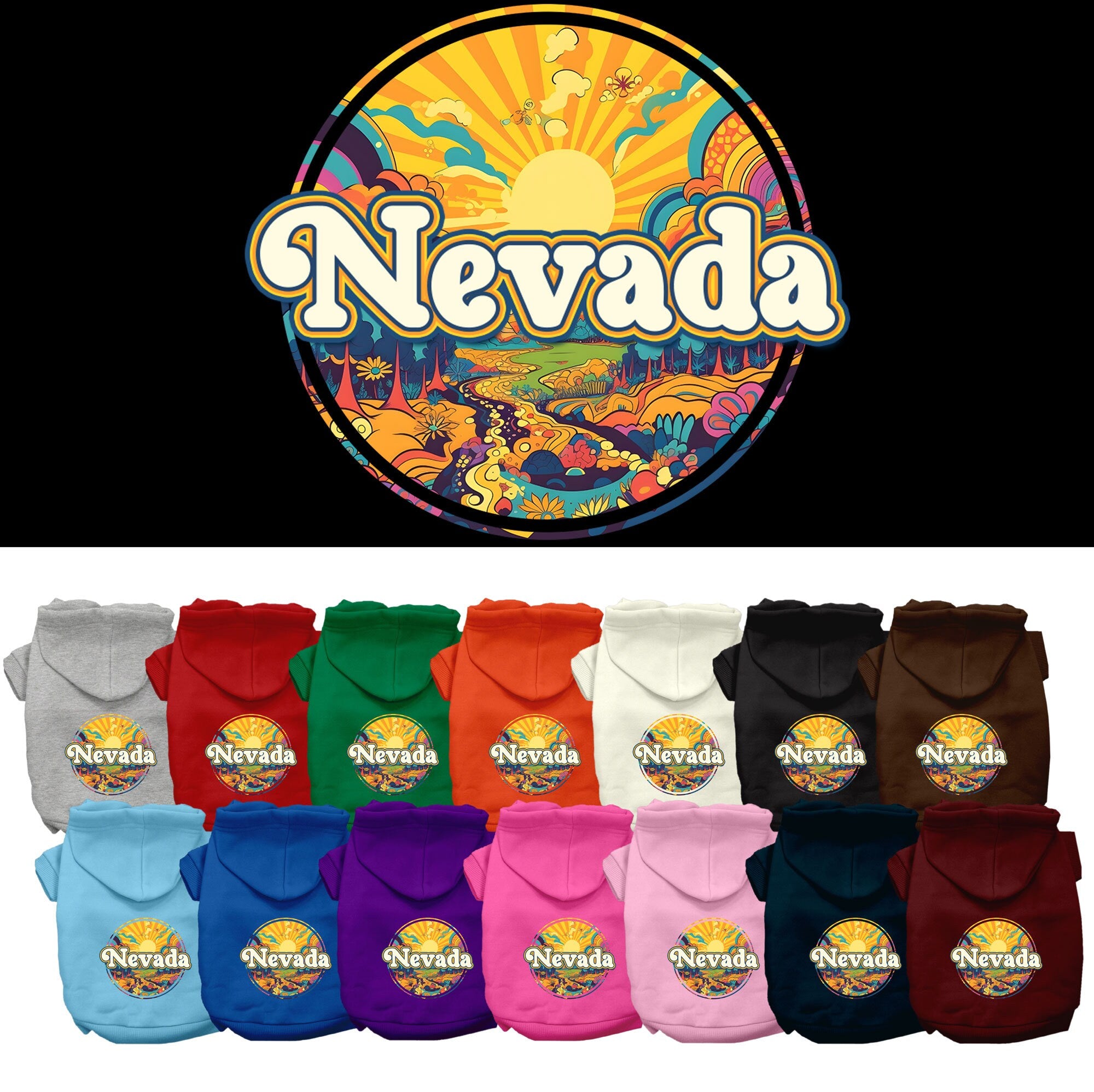 A cozy screen printed hoodie for small to medium pets featuring a vibrant 'Nevada Trippy Peaks' design, perfect for stylish walks.