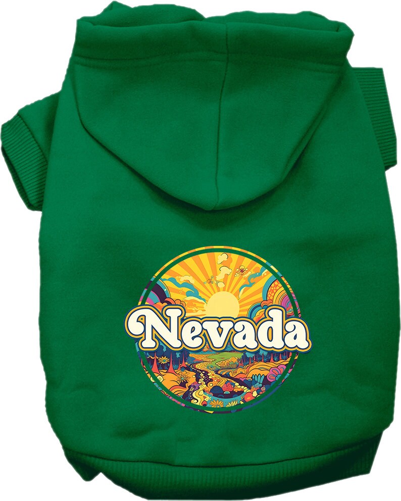 A cozy screen printed hoodie for small to medium pets featuring a vibrant 'Nevada Trippy Peaks' design, perfect for stylish walks.