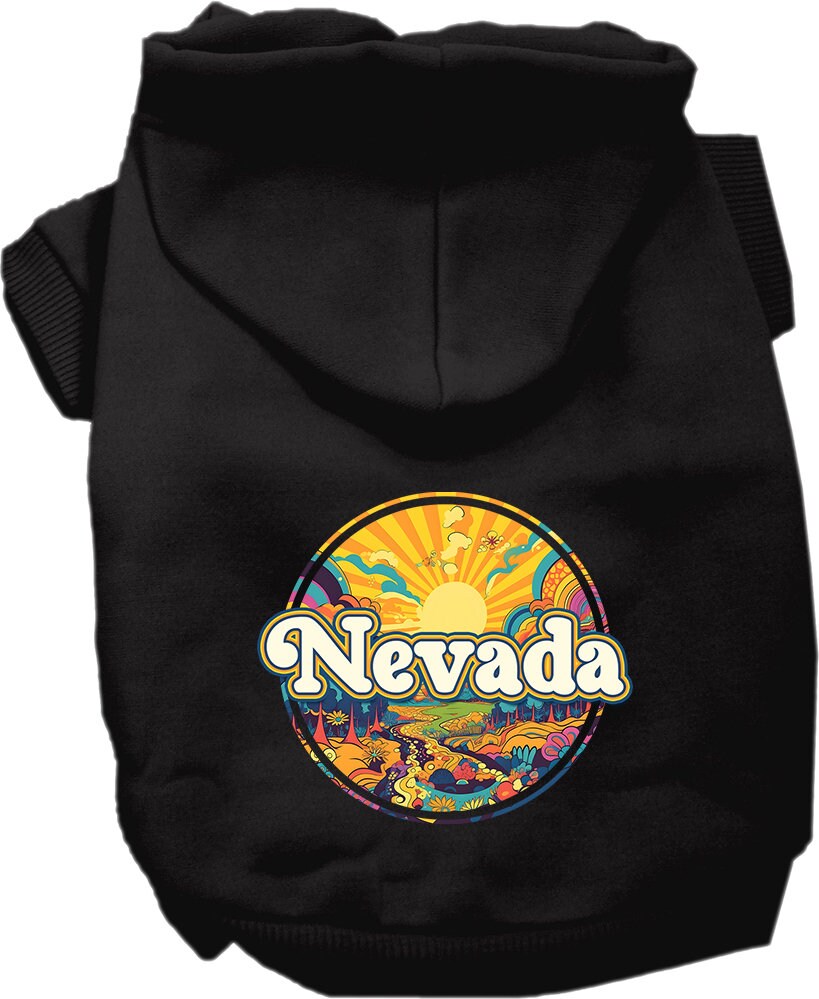 A cozy screen printed hoodie for small to medium pets featuring a vibrant 'Nevada Trippy Peaks' design, perfect for stylish walks.