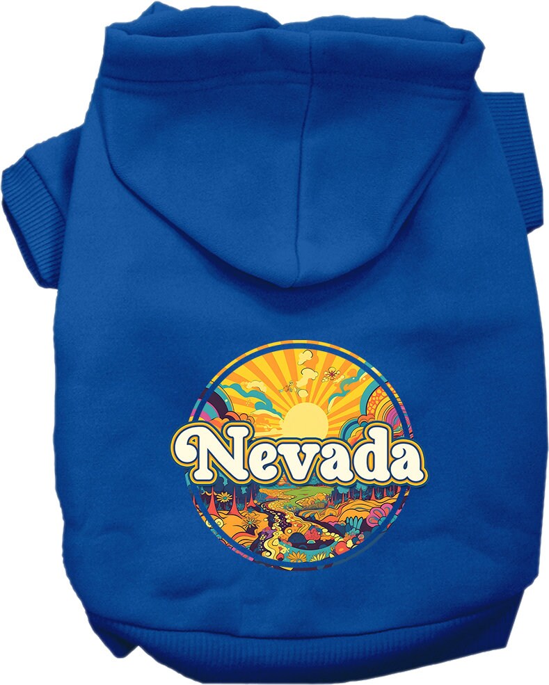 A cozy screen printed hoodie for small to medium pets featuring a vibrant 'Nevada Trippy Peaks' design, perfect for stylish walks.