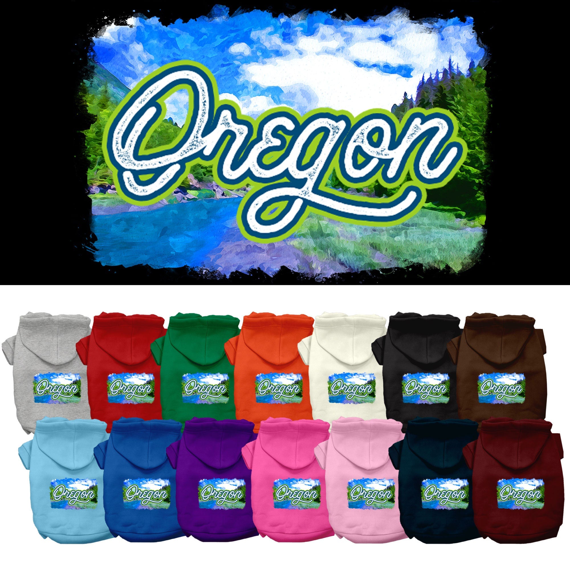 A small to medium pet wearing a cozy Oregon Summer screen printed hoodie, showcasing its vibrant design and comfortable fit.