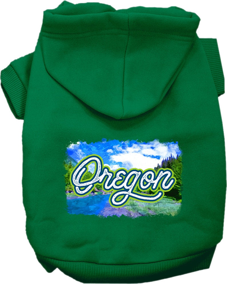 A small to medium pet wearing a cozy Oregon Summer screen printed hoodie, showcasing its vibrant design and comfortable fit.
