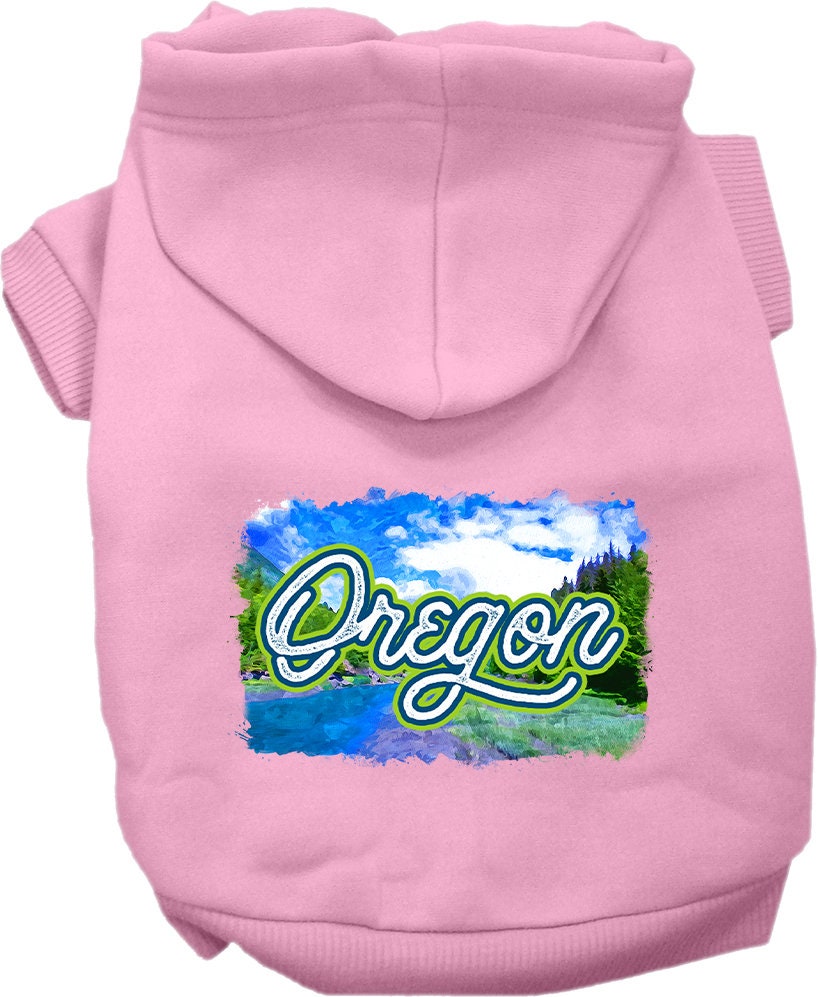 A small to medium pet wearing a cozy Oregon Summer screen printed hoodie, showcasing its vibrant design and comfortable fit.