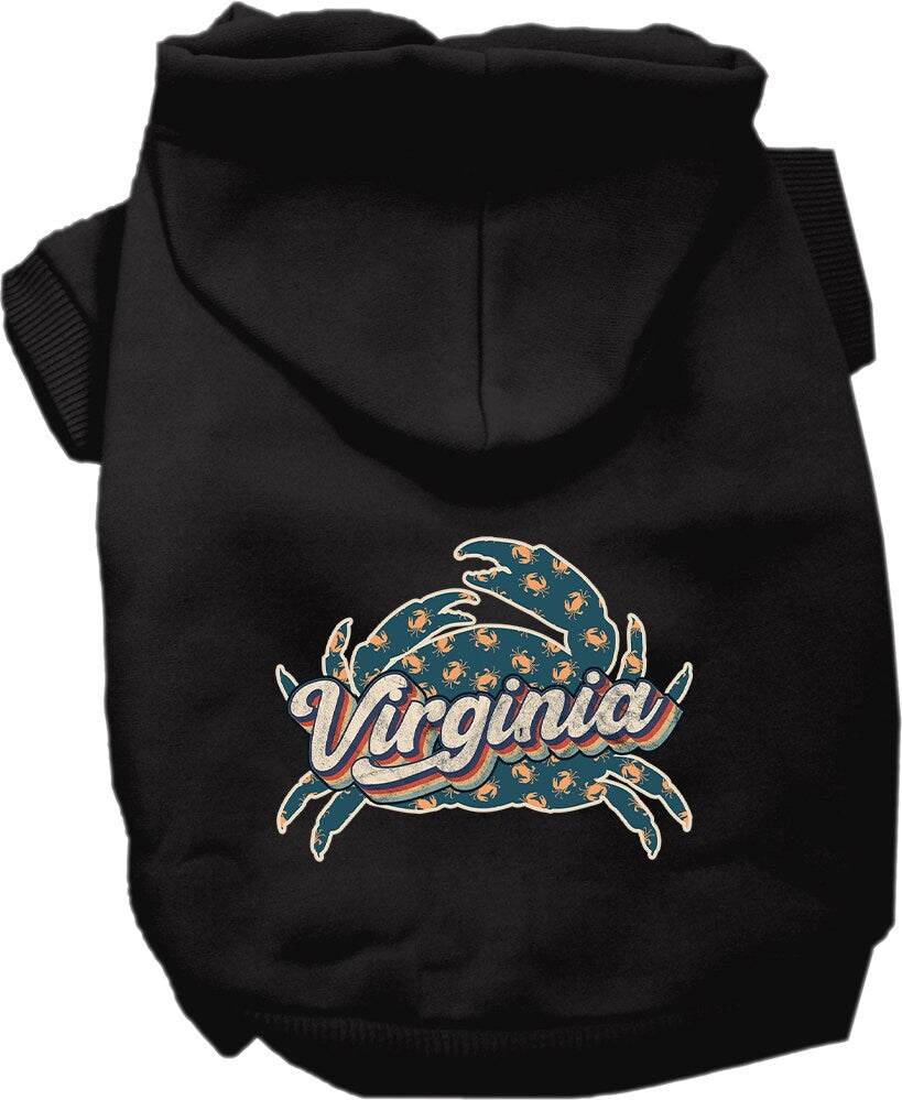A cozy screen printed hoodie for small to medium pets featuring a Virginia Retro Crabs design, perfect for stylish warmth.
