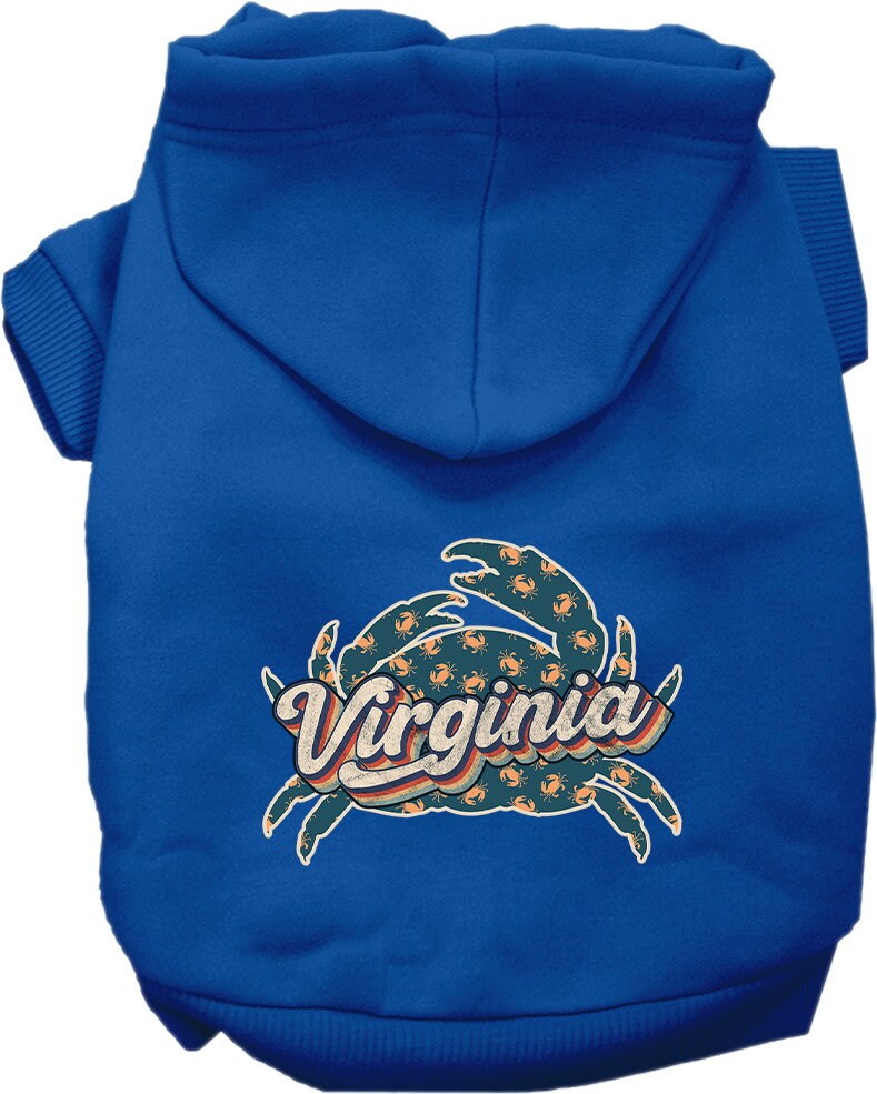 A cozy screen printed hoodie for small to medium pets featuring a Virginia Retro Crabs design, perfect for stylish warmth.