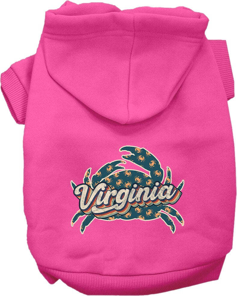 A cozy screen printed hoodie for small to medium pets featuring a Virginia Retro Crabs design, perfect for stylish warmth.
