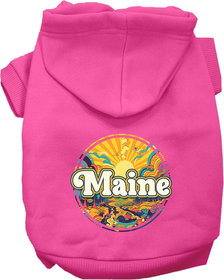 A cozy screen printed hoodie for small to medium pets, featuring a stylish Maine Groovy Summit design, perfect for dogs and cats.