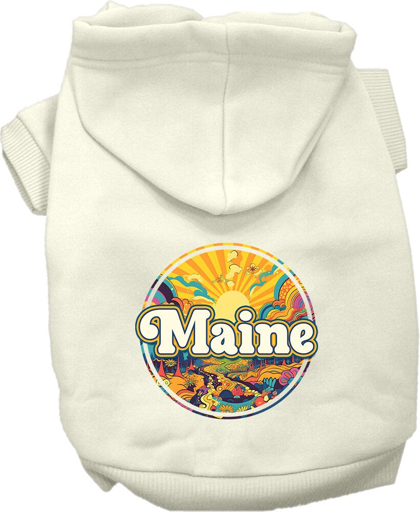 A cozy screen printed hoodie for small to medium pets, featuring a stylish Maine Groovy Summit design, perfect for dogs and cats.