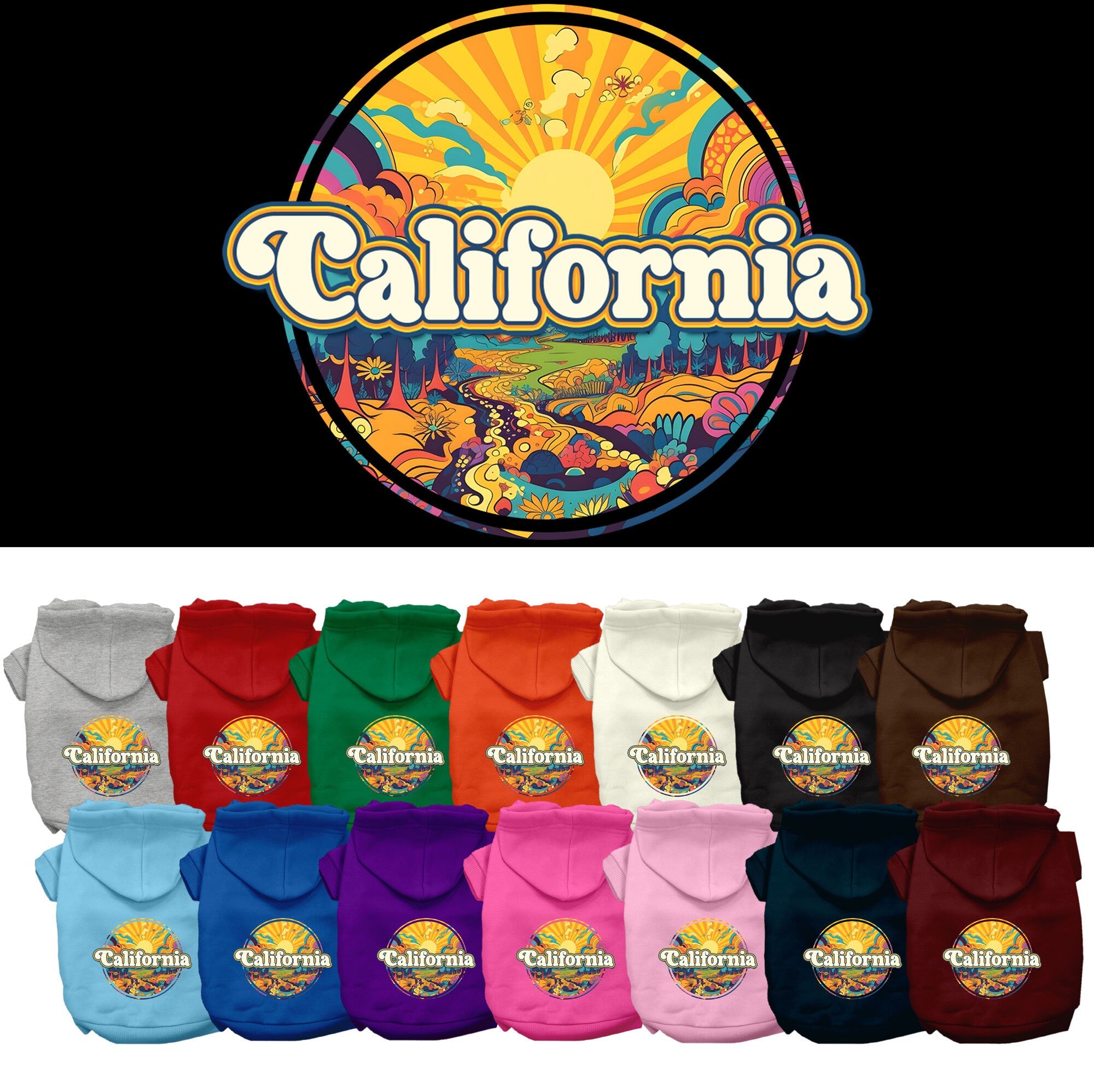 A small to medium pet wearing a California Trippy Peaks screen printed hoodie, showcasing its vibrant design and cozy fit.