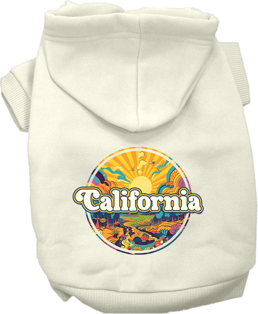 A small to medium pet wearing a California Trippy Peaks screen printed hoodie, showcasing its vibrant design and cozy fit.