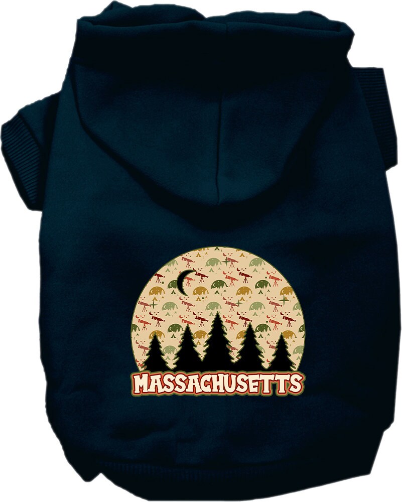 A small to medium pet wearing a cozy screen printed hoodie with 'Massachusetts Under The Stars' design, showcasing its soft fabric and convenient leash access.