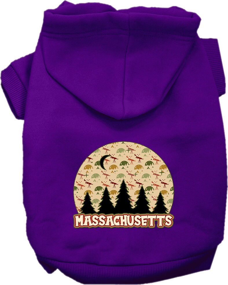 A small to medium pet wearing a cozy screen printed hoodie with 'Massachusetts Under The Stars' design, showcasing its soft fabric and convenient leash access.