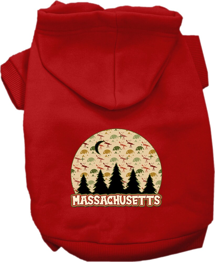 A small to medium pet wearing a cozy screen printed hoodie with 'Massachusetts Under The Stars' design, showcasing its soft fabric and convenient leash access.