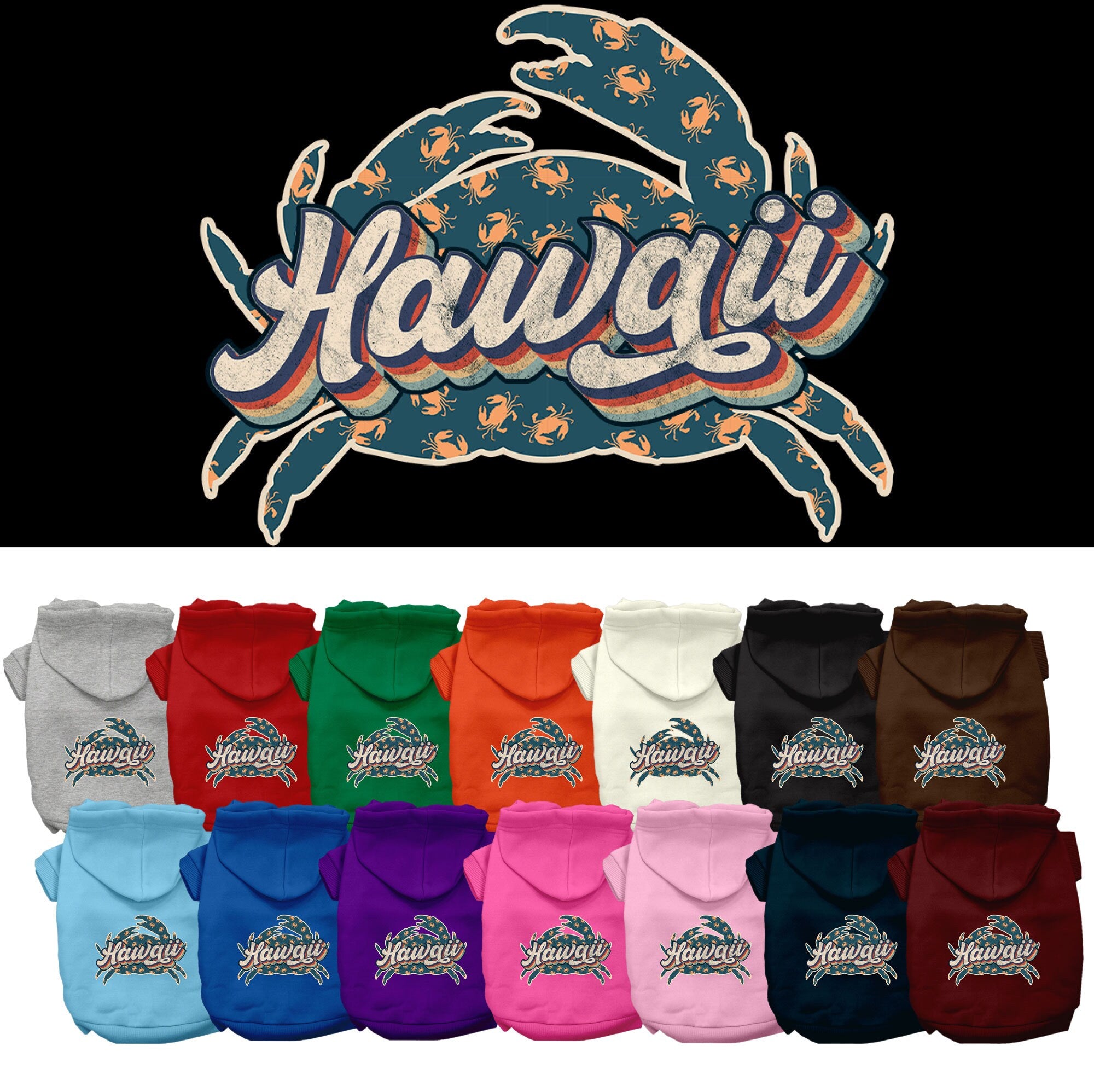 A small to medium pet wearing a cozy hoodie with a Hawaii Retro Crabs design, showcasing its soft fabric and stylish look.