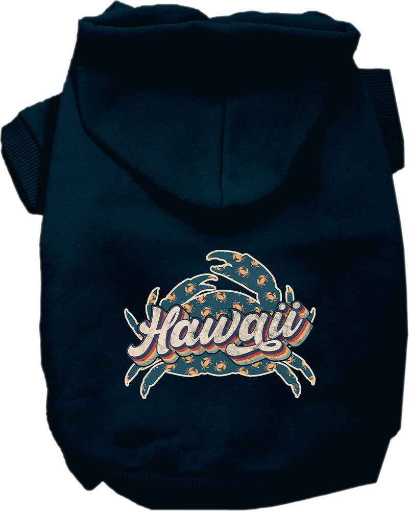 A small to medium pet wearing a cozy hoodie with a Hawaii Retro Crabs design, showcasing its soft fabric and stylish look.