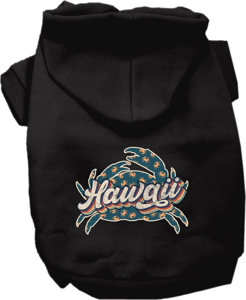 A small to medium pet wearing a cozy hoodie with a Hawaii Retro Crabs design, showcasing its soft fabric and stylish look.